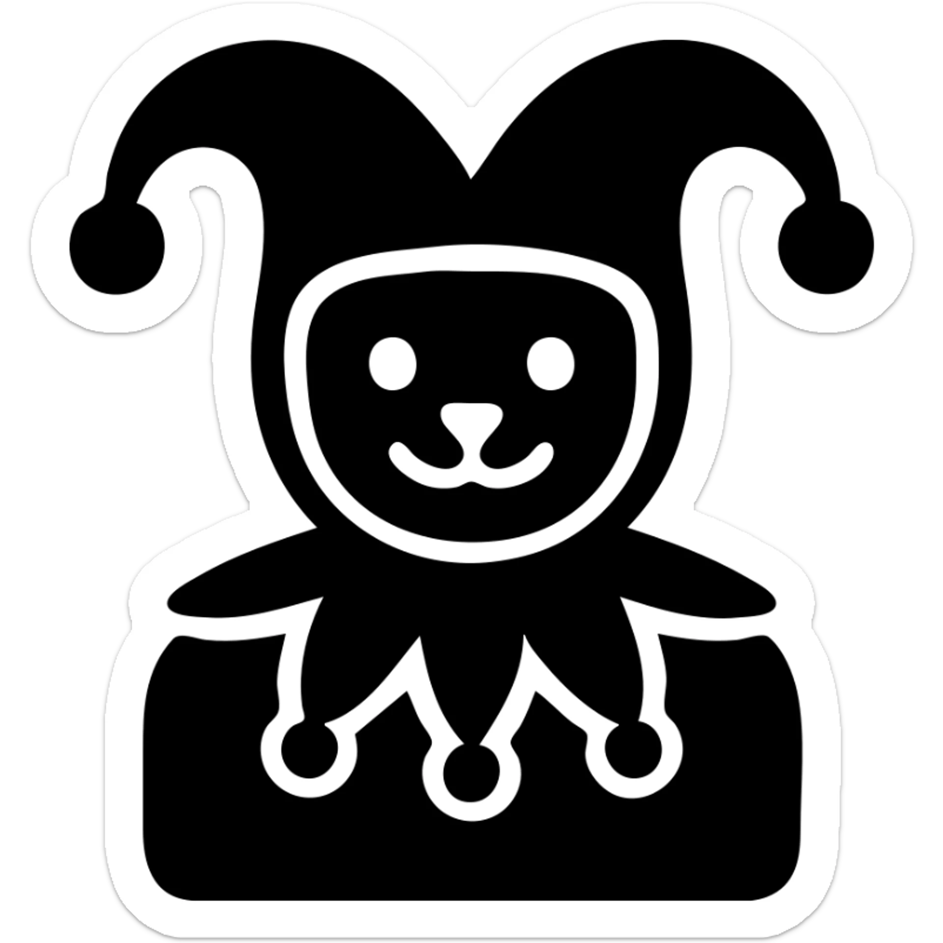 crazy cute little cat jolly joker from poker, medieval, vintage, court jester, mac os icon, purple, gold and red color, head + torso. Squared shape as 3D mac os system icon, symmetrical sticker