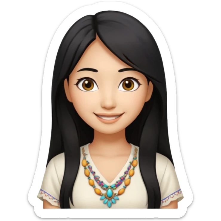 30 yr old asian woman center parted hair big eyes big smile tanned skin straight black hair hippie part hair white blouse sticker