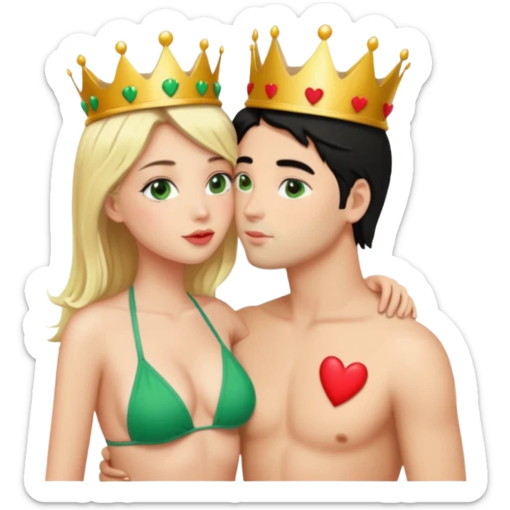 Blonde Queen with crown Green eyes Bikini whole body Kissing man black Hair Hearts  sticker