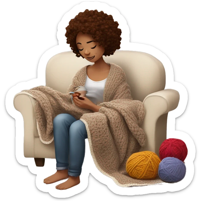 26 year old white woman with brown wavy hair. She is crocheting a garment with a crochet hook and ball of yarn is near her. She is laying on the couch under a blanket. Near her there is a cup of tea sticker