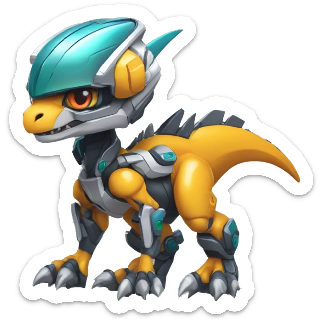 Colorful Edgy Chibi Greymon-Velociraptor-Genesect-Fakémon-Pokémon wearing a with a futuristic visor-helmet And Mecha-suit Full Body sticker