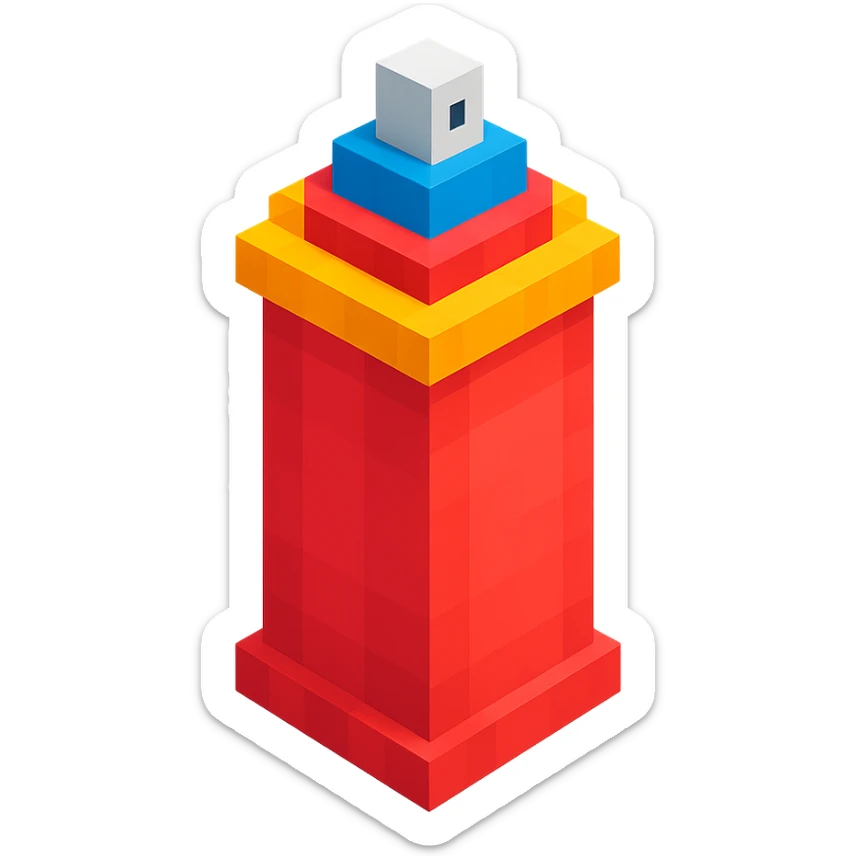 voxel style isometric spray paint can, red color sticker