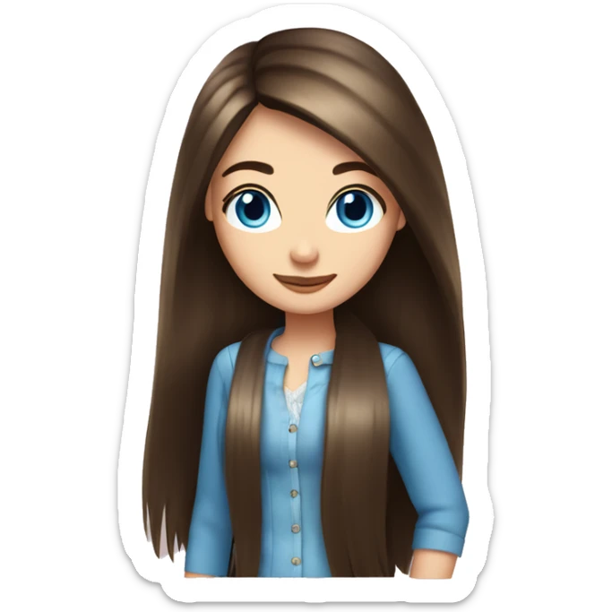 Long waist length brunette straight hair girl, blue eyes,  sticker