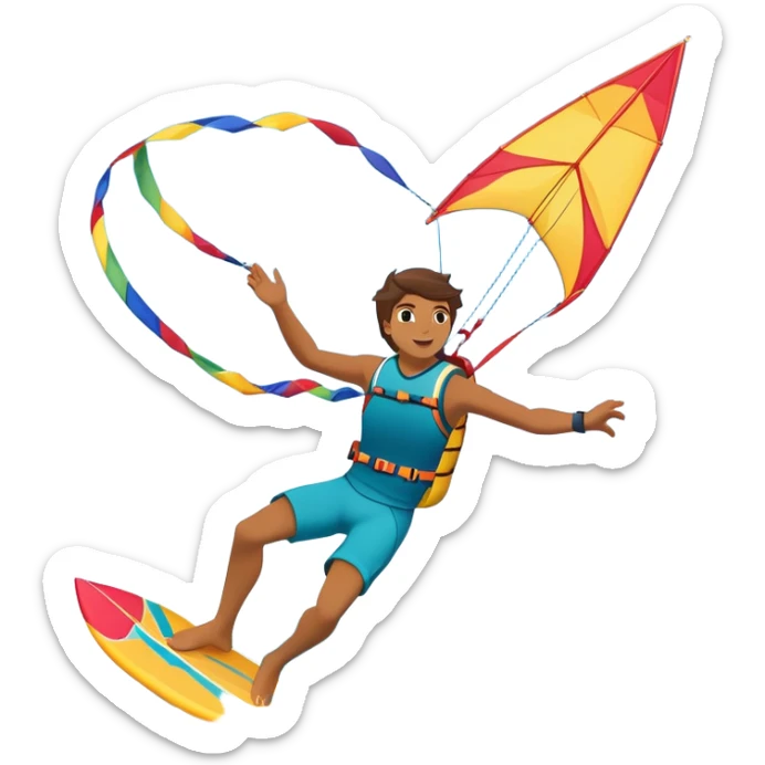 A kite surfer soaring above the waves, holding onto a kite with the wind in full force. The background showcases the ocean and sky, emphasizing the freedom, thrill, and energy of the sport. The motion of the kite and board is dynamic, capturing the excitement of kiting. sticker