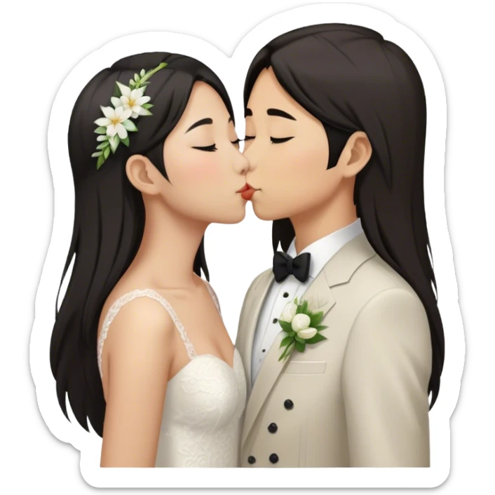 Asian lesbian couple at wedding and kissing. One of them has long hair and the other has super short hair sticker