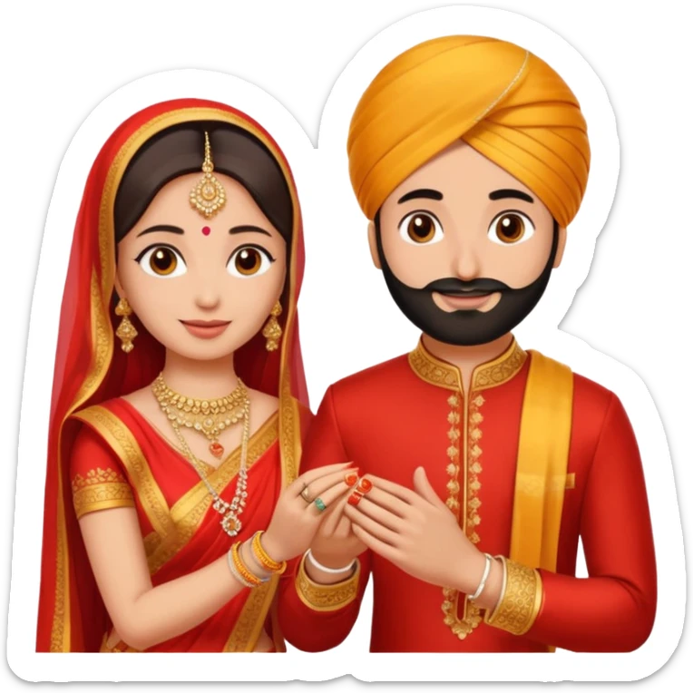 Two hands in a engagement..One hand of groom and one hand of bride. Bride hand - red/yellow saree. groom- light orange punjabi (oonly hands will be visible in the image). Groom's hand is holding a ring and bride's hand will be wearing the ring sticker
