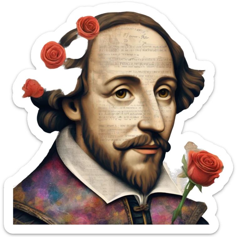 Shakespeare person made of newspaper cuttings wearing flowers, stained glass, fairy lights, bokeh, annotated sketch, handwritten letters, collage of intricate patterns, roses flowers sticker