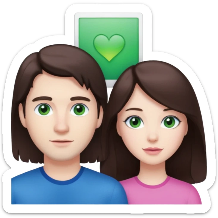 pink polaroid photo of a couple thats white with long brunette hair blue eyes and a white guy with short brunette hair and green eyes sticker