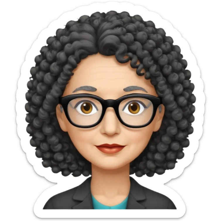 femme 60 ans cheveux gris foncé très bouclé et yeux marrons foncé, lunettes rectangle noir sticker