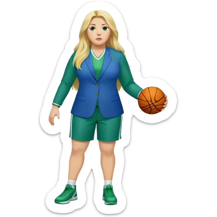Full Body white plus size female basketball head coach with long blonde hair in a blue and green suit sticker