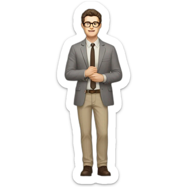 Full height Pale skinned Fit Man With dark brown hair in gray jacket, beige office shirt, tie, Brown pants and vintage glasses. Thrumbs of his palms directed up sticker