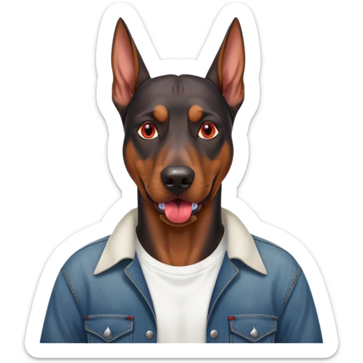 Generate a emoji of a big evil doberman dog with red eyes and a tongue sticking out, give the doberman a human body with a white shirt and baggy jeans, make the doberman have ear piercings and a septum ring sticker