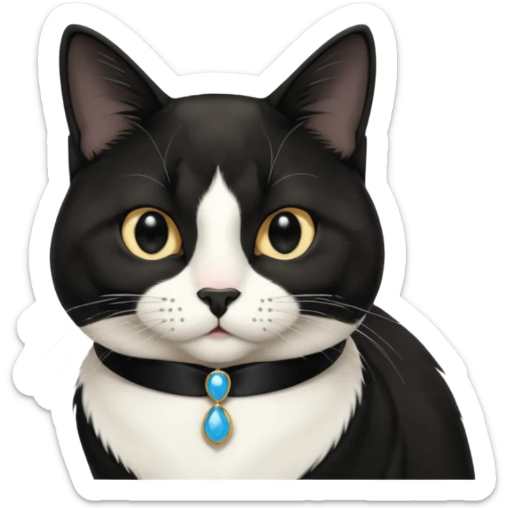 A tuxedo cat, top half body, a black mark near his mouth under the nose sticker