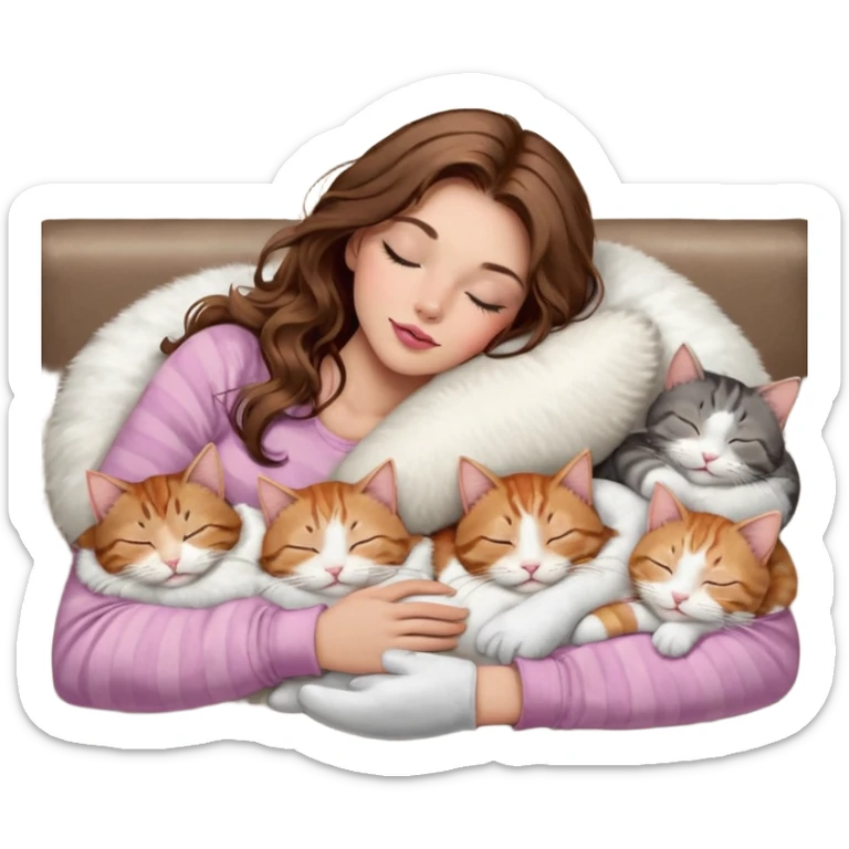 girl with long wavy brown hair, brown eyes, long lashes makeup, sexy pink lips, light to medium complexion,  sleeping on a cozy pillow, with 6 cats: 1 brown and white tabby cat, 1 ginger and white, 2 grey and white, 1 grey with white mittens and small white patch on chest and 1 calico, sleeping sticker