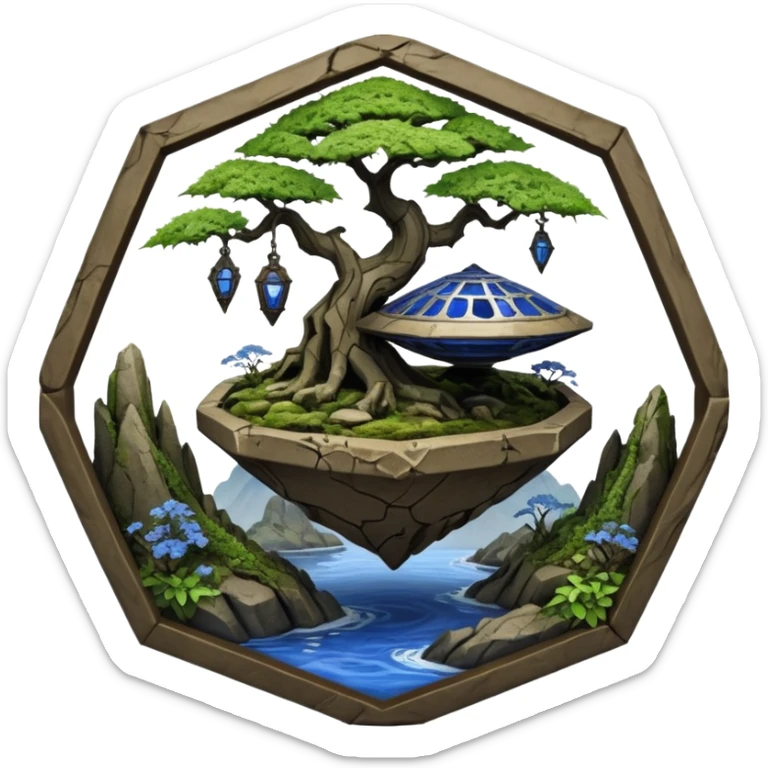 Alien spacecraft hanging-jungle vines mountain-island landscape mudman very old broken cracked intricate Stone Age rocky-crusted irregular dodecagon-shaped shallow dark moss rough bark blue willow flowered maple tree bonsai pot sticker