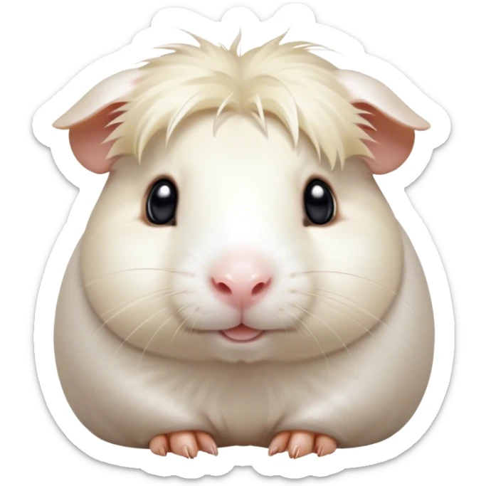 Cinematic Cute White Guinea Pig Portrait Emoji, Head tilted playfully and inquisitively, showcasing a silky, immaculate white coat with a natural glow, round, sparkling dark eyes filled with curiosity, Simplified yet irresistibly adorable features, highly detailed, glowing with a warm, friendly light, high shine, affectionate and lively, stylized with a touch of whimsy, bright and endearing, soft glowing outline, capturing the essence of a mischievous yet loving guinea pig, so playful it feels like it could nuzzle out of the screen and into your arms! sticker
