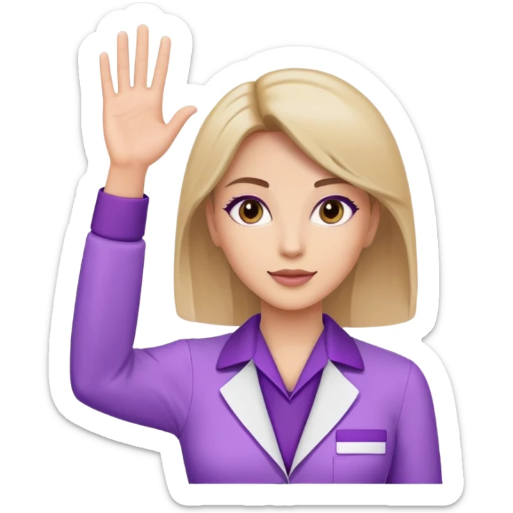 A woman raising her hand, wearing a purple beauty salon work uniform with a professional appearance sticker