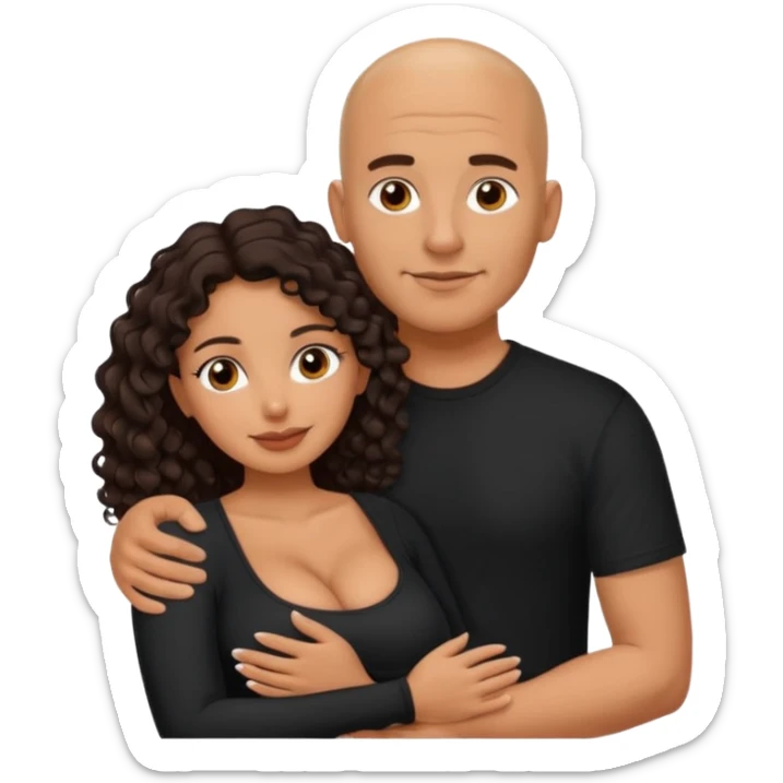A picture of an embracing tanned couple. the man is a Mexican man with tanned skin, with a bald hair cut, and wearing a black shirt. the woman is mixed, with glasses,  with long curly dark brown hair and with big boobs. Remove the glasses from the guy sticker