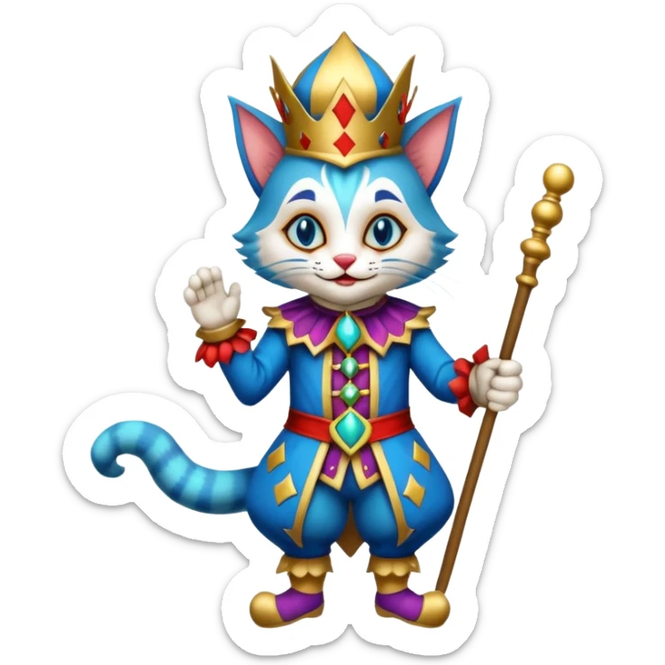 crazy colorful cute little cat jolly joker from poker, medieval, vintage, court jester, mac os icon, blue color, full body sticker