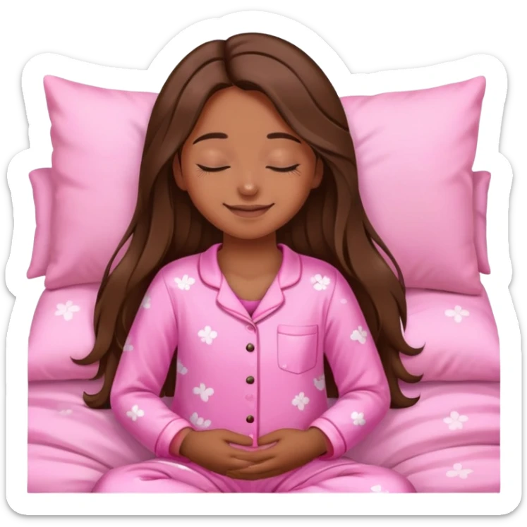 The brown long hair girl going to sleep in pink pajama with smile and closed eyes sticker