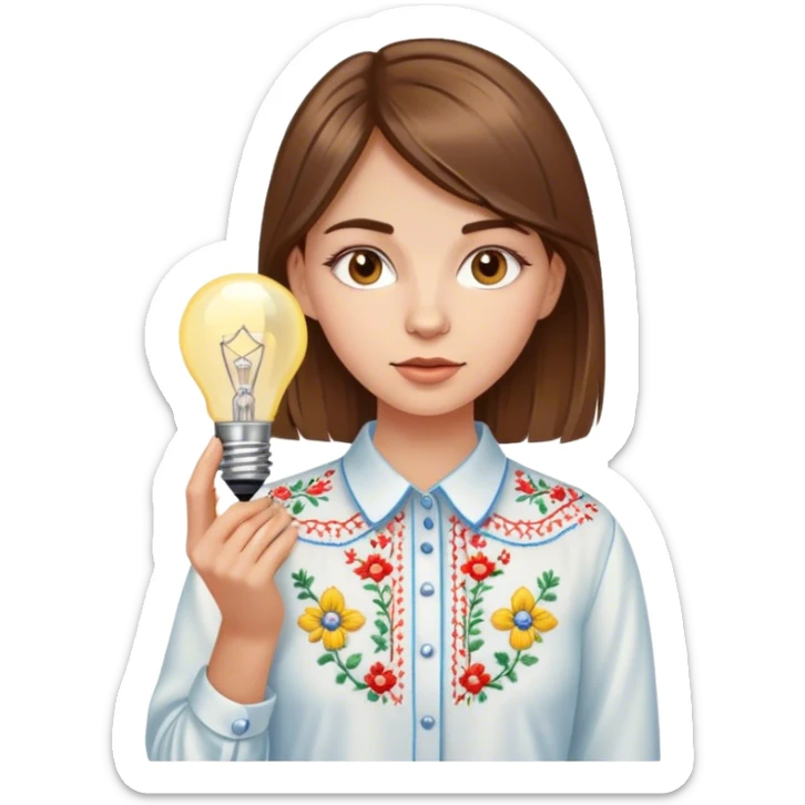 A Ukrainian girl with brown hair in an embroidered shirt holds a light bulb sticker