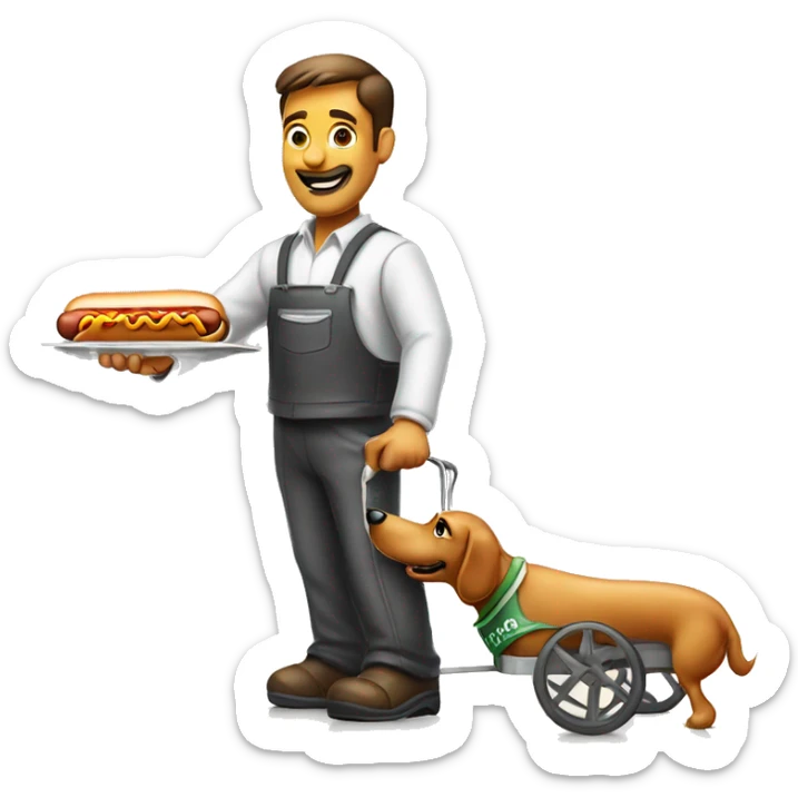 hot dog vendor holding a hot dog in his hand with a hot dog cart in the background with a white background sticker