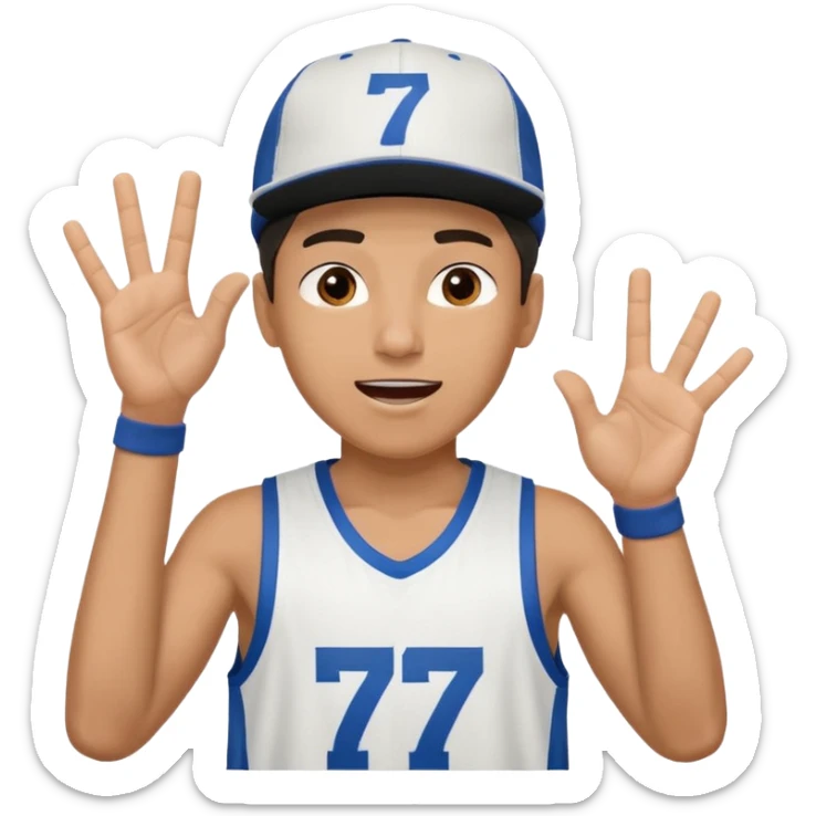 Maverick Trevillian in the crowd at an amateur basketball game. He leans towards the camera and enthusiastically shouts "six seven while performing a distinctive hand gesture: both hands open, palms facing upward, moving up and down as if weighing two options. sticker