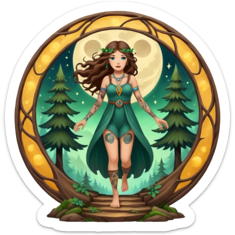 forest mystic woman long wavy brown hair tattoos stepping through small moon portal sticker