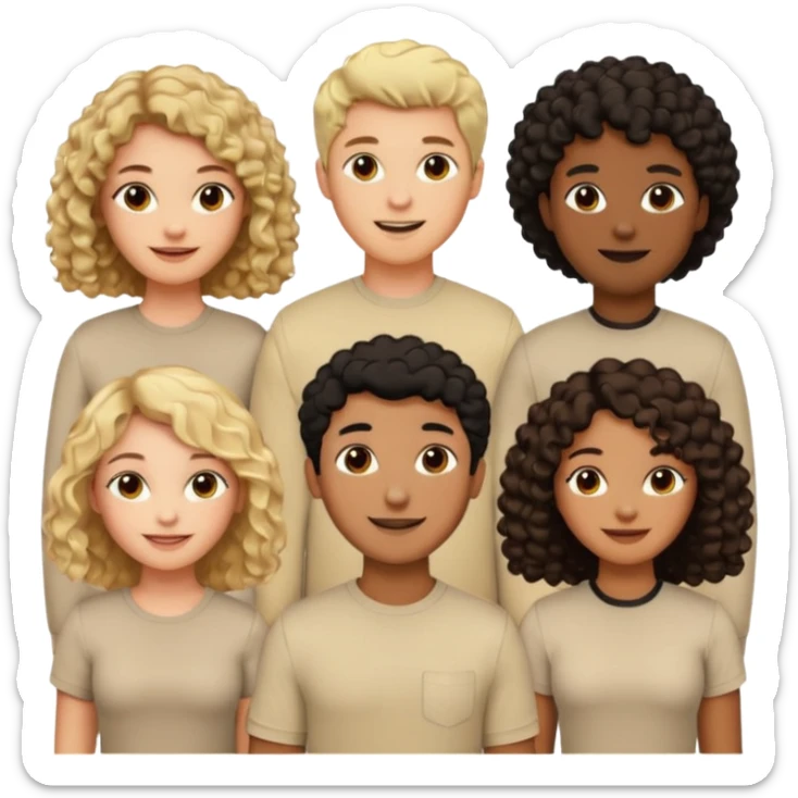 group of people  together ; men and women with brown, blonde, black hair- short hair, long hair and curly hairr wearing beige shirts aesthetic no collar, brown people, white people, black people sticker