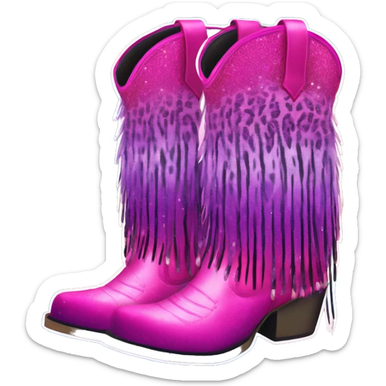 Realistic hot pink to purple ombre leopard print pair of fashion cowgirl boots with sparkly shiny glitter fringe on them. sticker
