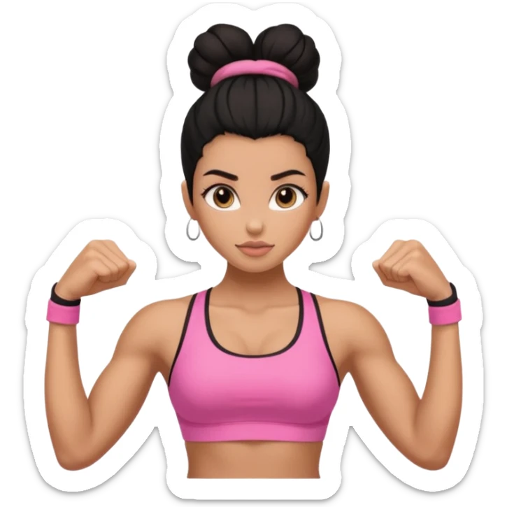 Caramel skinned toned female with a black bun for hair. Her eyes are a coffee color brown and almond shaped. She’s wearing a pink sports bra and showing off her flexed muscular toned biceps. She’s not holding anything in her hands sticker