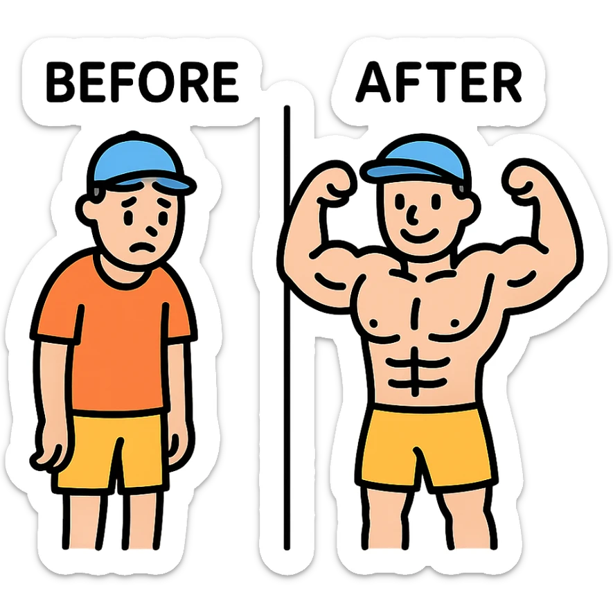 in the picture is devided in to two parts, at the first the sportsman is weak and lazy, but at the second picture the same sportsman is very strong because he doing a workout regularly. There is no line between the picture, at the first picture the is a word before, in the second picture there is a word after sticker