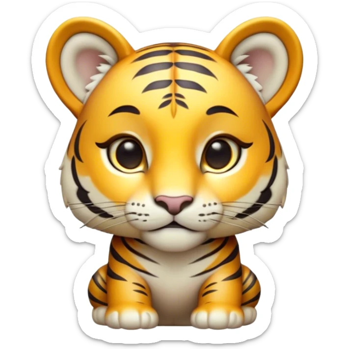 Cinematic Noble Tiger Cub Portrait Emoji, Poised with a hint of regal innocence, featuring a compact, soft build adorned with delicate stripes and large, expressive eyes, Simplified yet sharp and sophisticated features, highly detailed, glowing with a gentle, wild luminescence, high shine, intelligent and endearing, stylized with an air of youthful authority, focused and attentive, soft glowing outline, capturing the essence of a tiny jungle guardian that appears ready to pounce out of the screen with effortless charm! sticker
