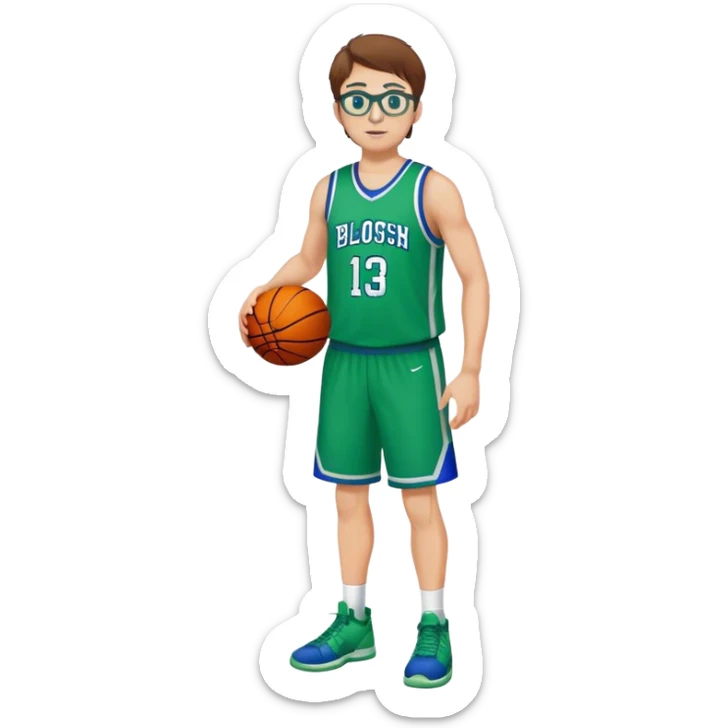 full body  white male basketball player  with brown hair wearing glasses in blue an green uniform sticker