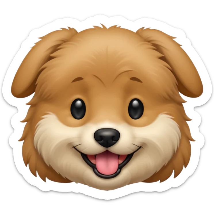 Dog face only, light brown fluffy dog, darker ears, small black nose, happy smiling with tongue out, simple emoji icon. sticker