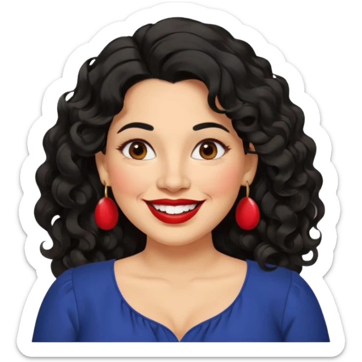 40 yr old Mexican woman, slightly chubby, wavy/curly long black hair, red lipstick, big smile, white teeth, brown eyes, hoop earings, side part to hair, round face, nice blouse, no wrinkle hair side swept, big hoop earing sticker