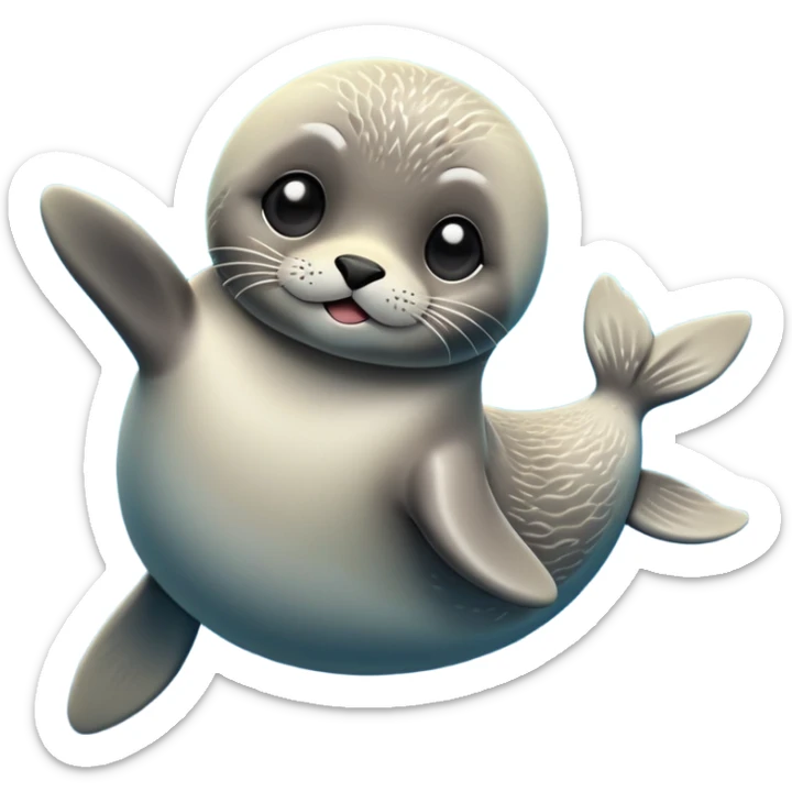 cinematic-seal-realistic-full-body-lounging-emoji,-sleek-body-stretched,-short-smooth-fur-glinting-in-the-sea-breeze,-flippers-tucked-comfortably-beneath-its-body,-large-dark-eyes-filled-with-playful-curiosity sticker