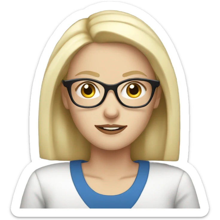 blonde pale white woman with blue eyes and glasses working on laptop sticker