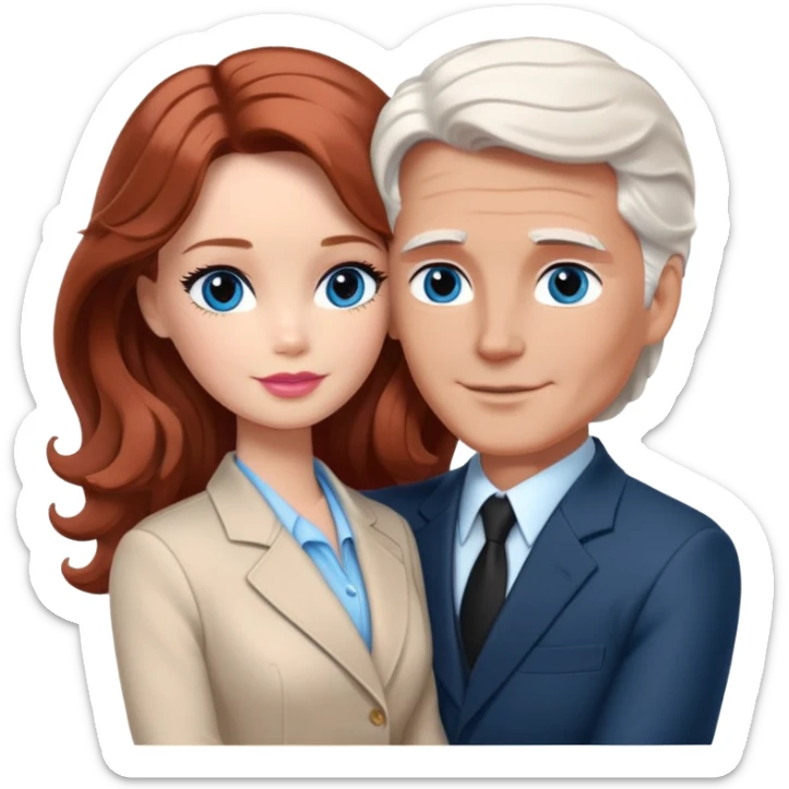 Barbie girl  , eyes blue , Chestnut red long wavy hair In pale beige clothes, Hugs a man with dark white hair short haircut, brown eyes , and a black suit sticker