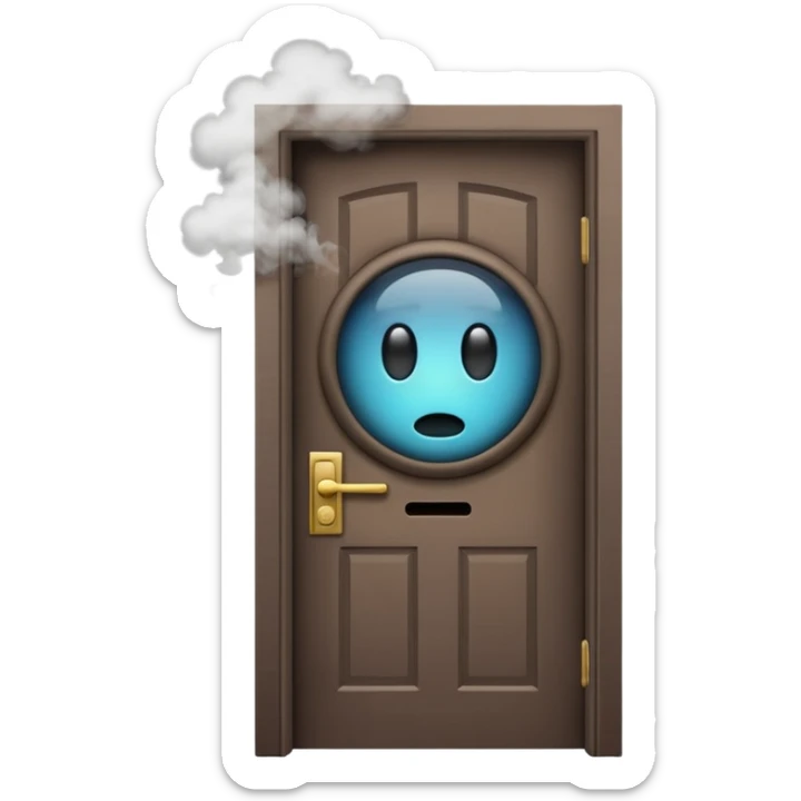 Minimalist emoji-style sticker of a half-open door, with smoke and a single glowing eye visible in the dark inside. Flat design, desaturated colors.
 sticker
