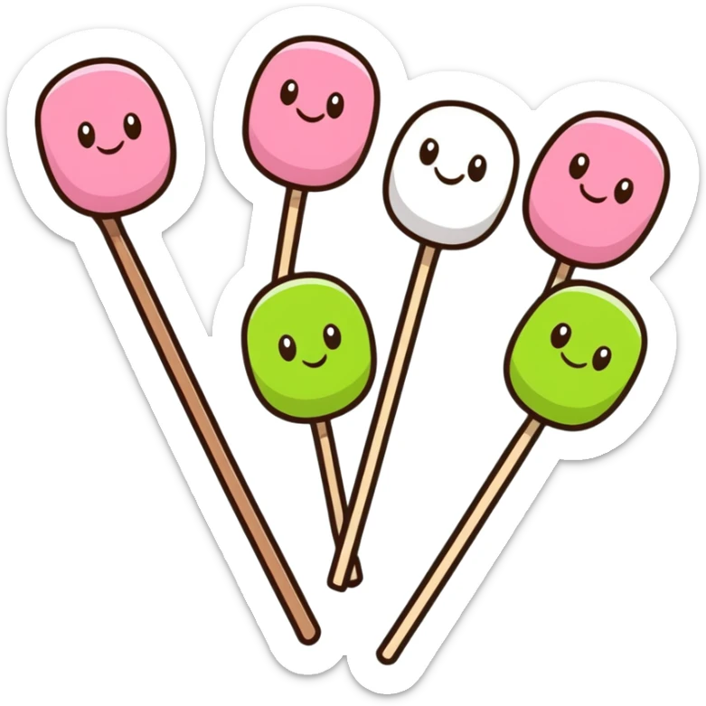 Cute kawaii Japanese dango with happy face, three colorful rice balls on a stick with pink, white, and green colors sticker