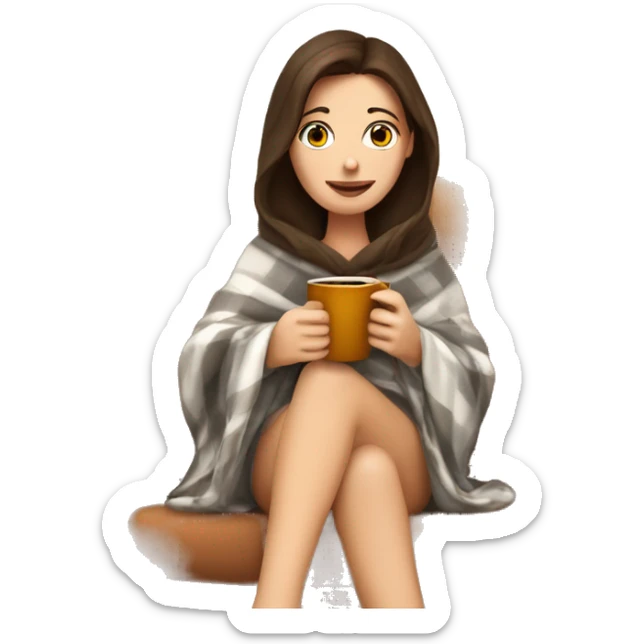 Brunette white girl covered in blanket autumn vibe sitting on a cozy chair holding coffee,  sticker