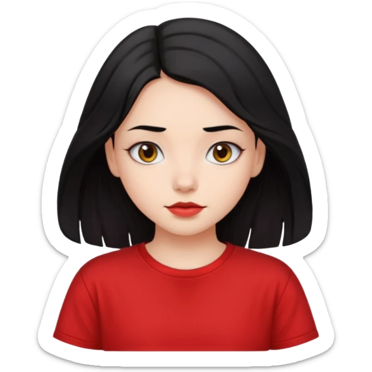 Buatkan aku emoji perempuan yang memiliki warna kulit cerah, mata yang cantik, dan mempunyai rambut hitam yang lurus dan sedikit bergelombang dan panjang rambutnya sampai ke pundak, dan memakai kaos pendek oversize berwarna merah  sticker