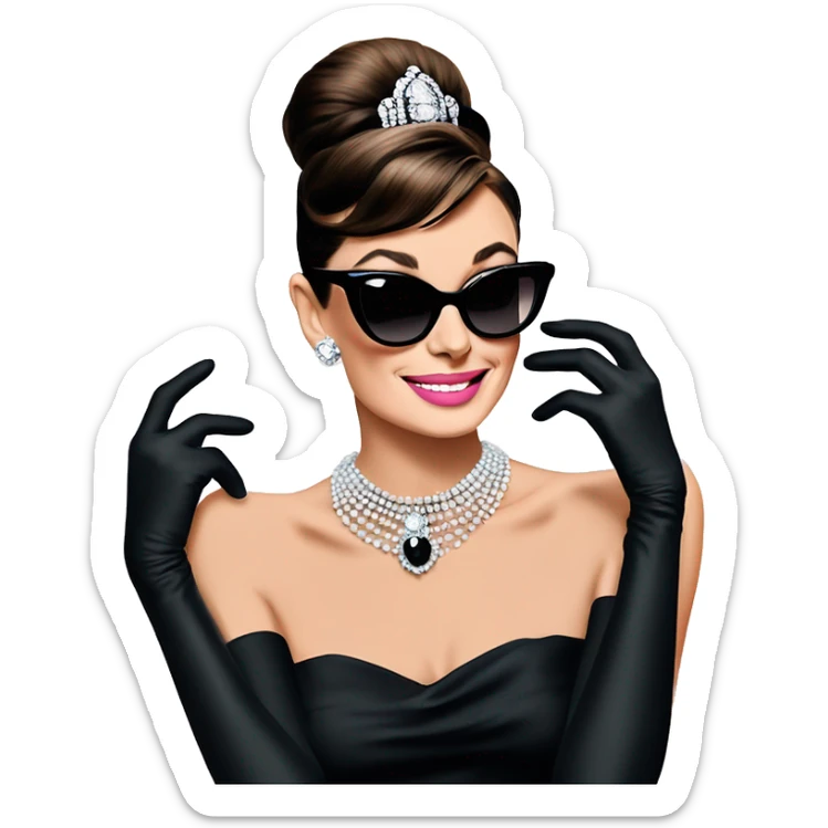 A single emoji of cute, smiling Audrey Hepburn from Breakfast at Tiffany’s wearing black dress, black gloves, black sunglasses, sliver necklace, and light pink lipstick  sticker