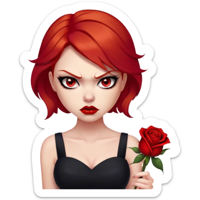 a beautiful very angry woman with red hair and red eyes. The woman wear a black little cutted dress. She have red lipstick and she have a seductive look. She have a rose flower in her hair. Angry face sticker