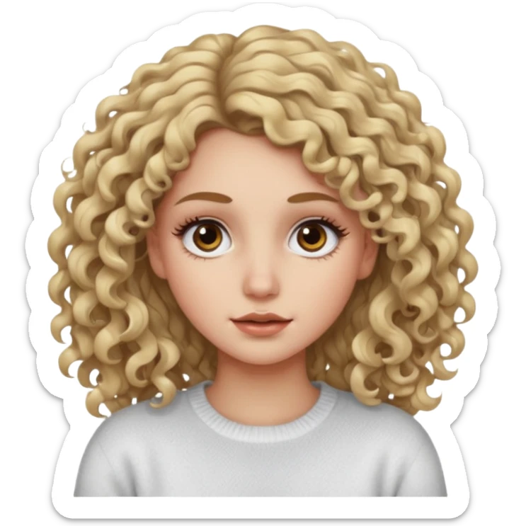 a dirty blonde girl with brown eyes and make her wearing a white sweater with curly hair and white skin color, long hair and big lashes sticker