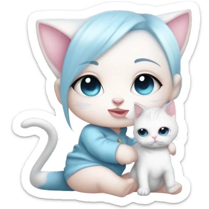 CHIBI WHITE SKIN CAT BABY BLUE AND BABY PINK SHOR HAIR GIRL WITH ONE EYE BLUE AND THE OTHER WHITE. ALSO SHE IS SIPPING A CUP sticker