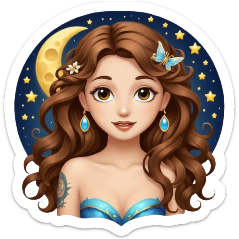 flirty moon fairy woman long wavy brown hair tattoos wink sparkle sticker