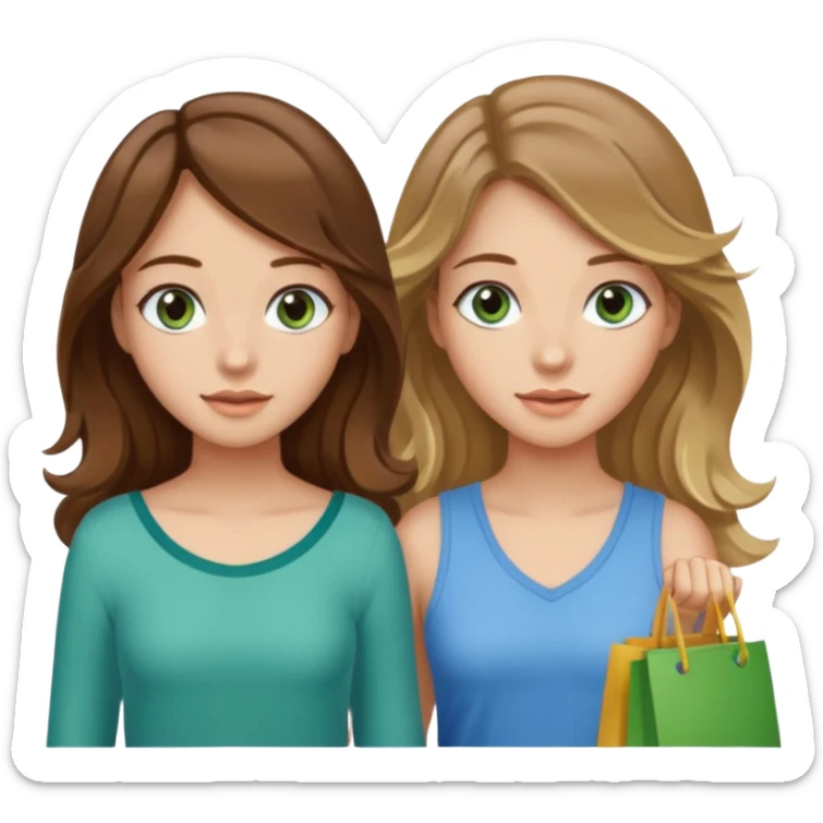 make me and my best friend togheter i have brown hair that falls on my shoulders and BROWN eyes and she has really long wavy brown hair with a little blonde and green/blue eyes we are shopping and i have BROWN eyes and i am taller than her sticker