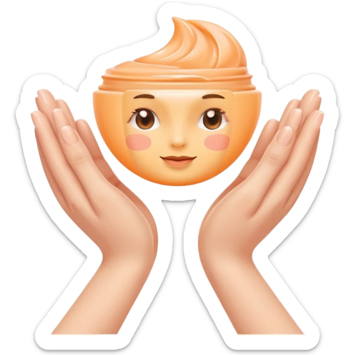 Minimal emoji of 2 hands gently applying skincare cream, soft nude and peach tones, clean beauty aesthetic, calm and elegant, subtle glow sticker